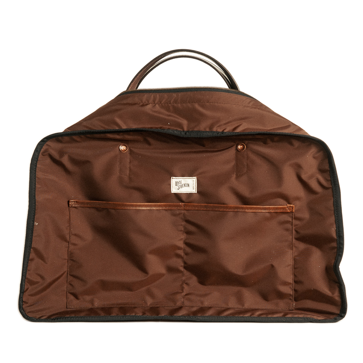 Brown garment bag with a visible brand label on a white background
