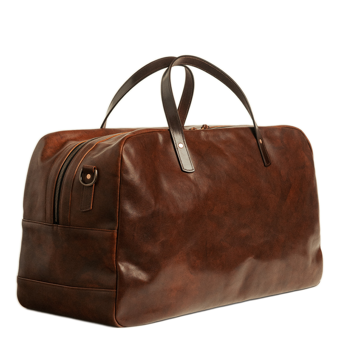 Brown leather duffel bag on a white background
