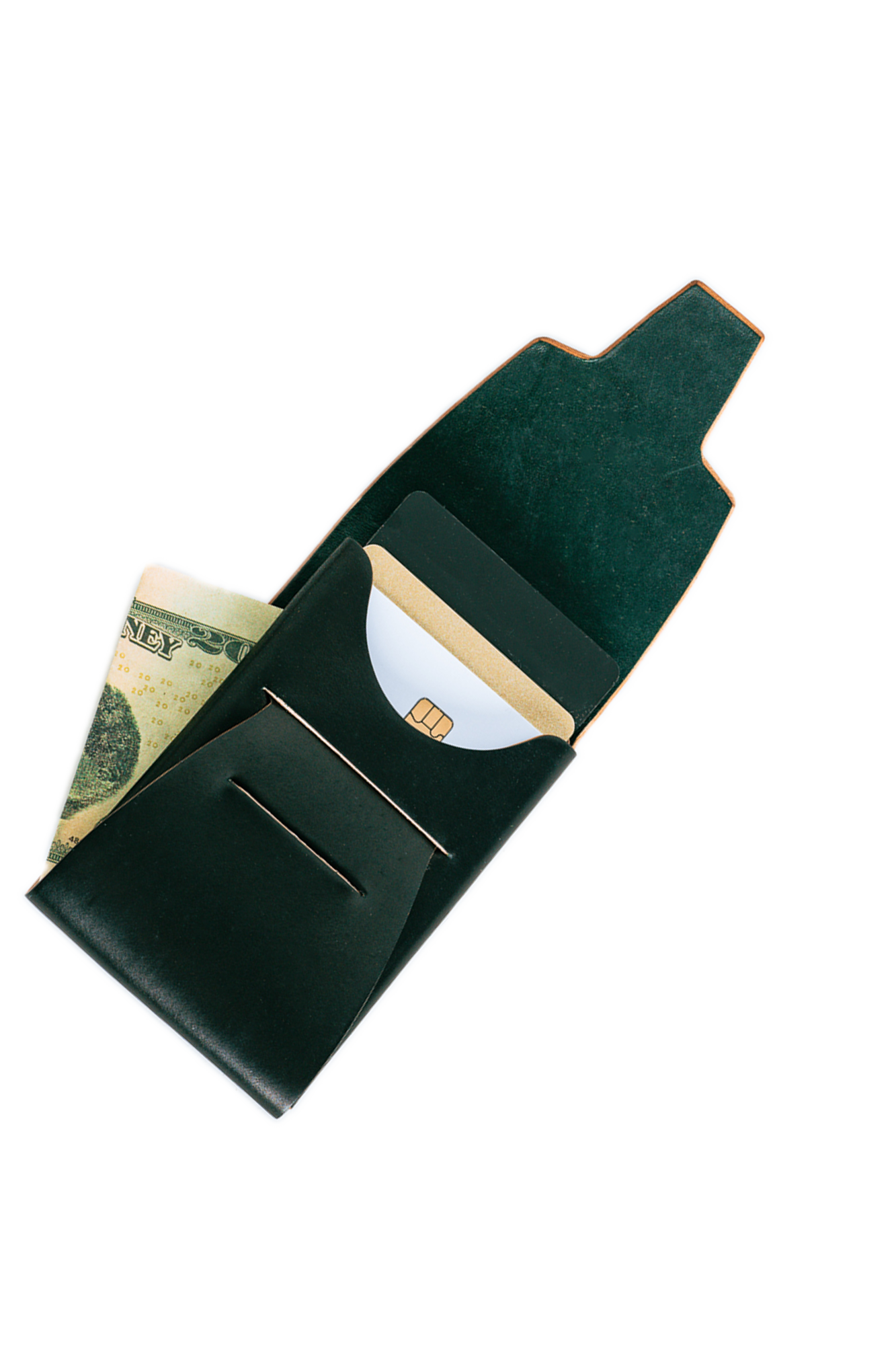 Green leather wallet with money and cards on a white background