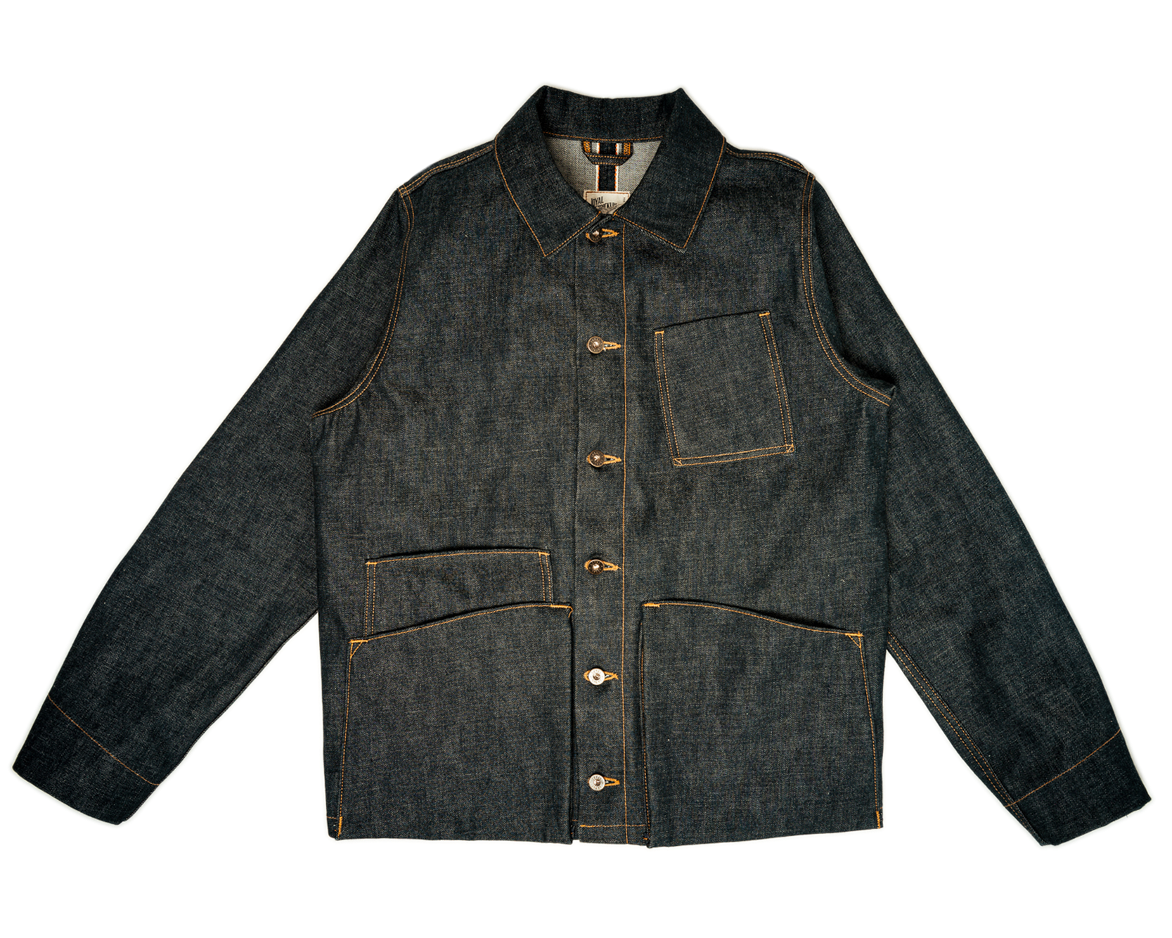 Dark denim jacket on a white background