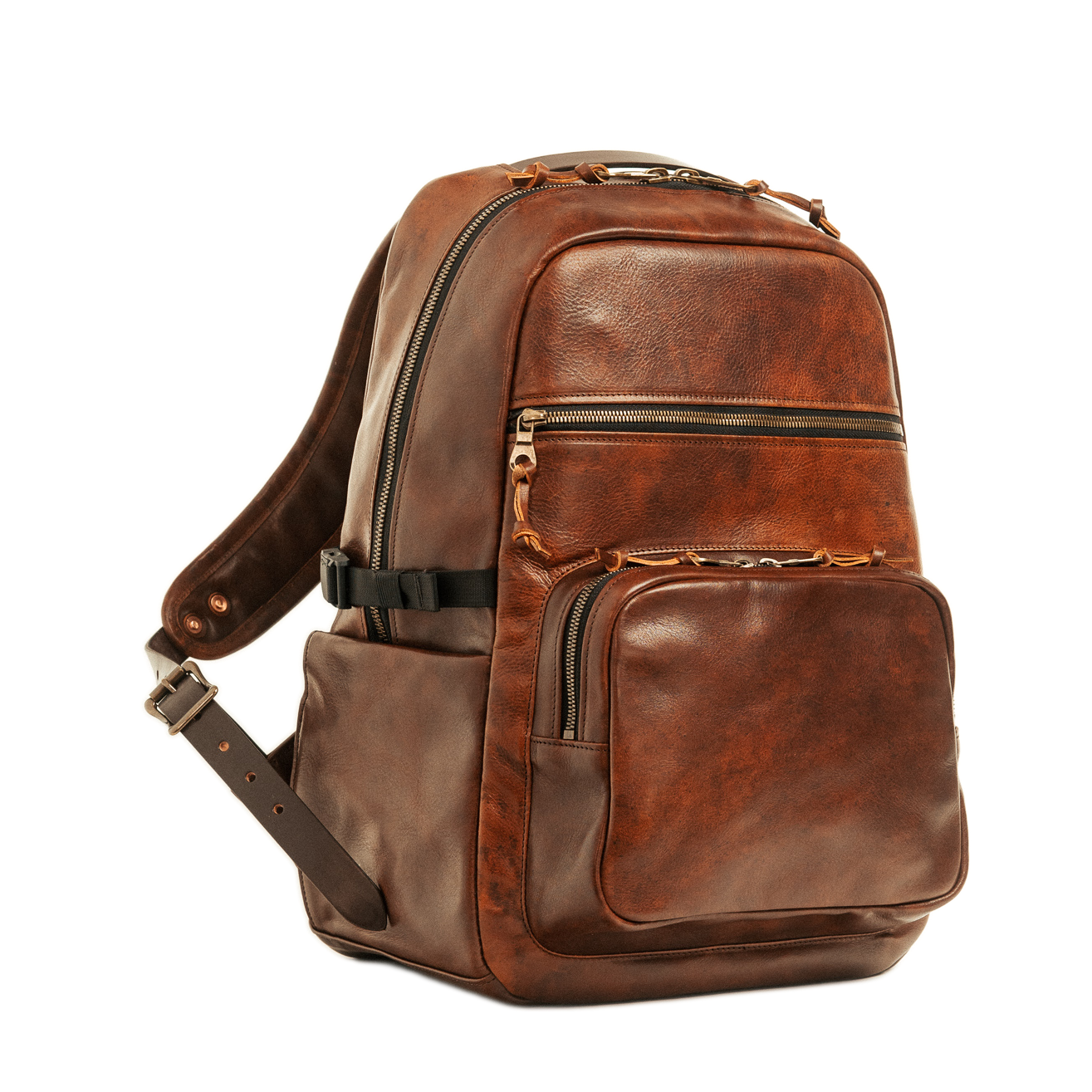 Brown leather backpack on a white background