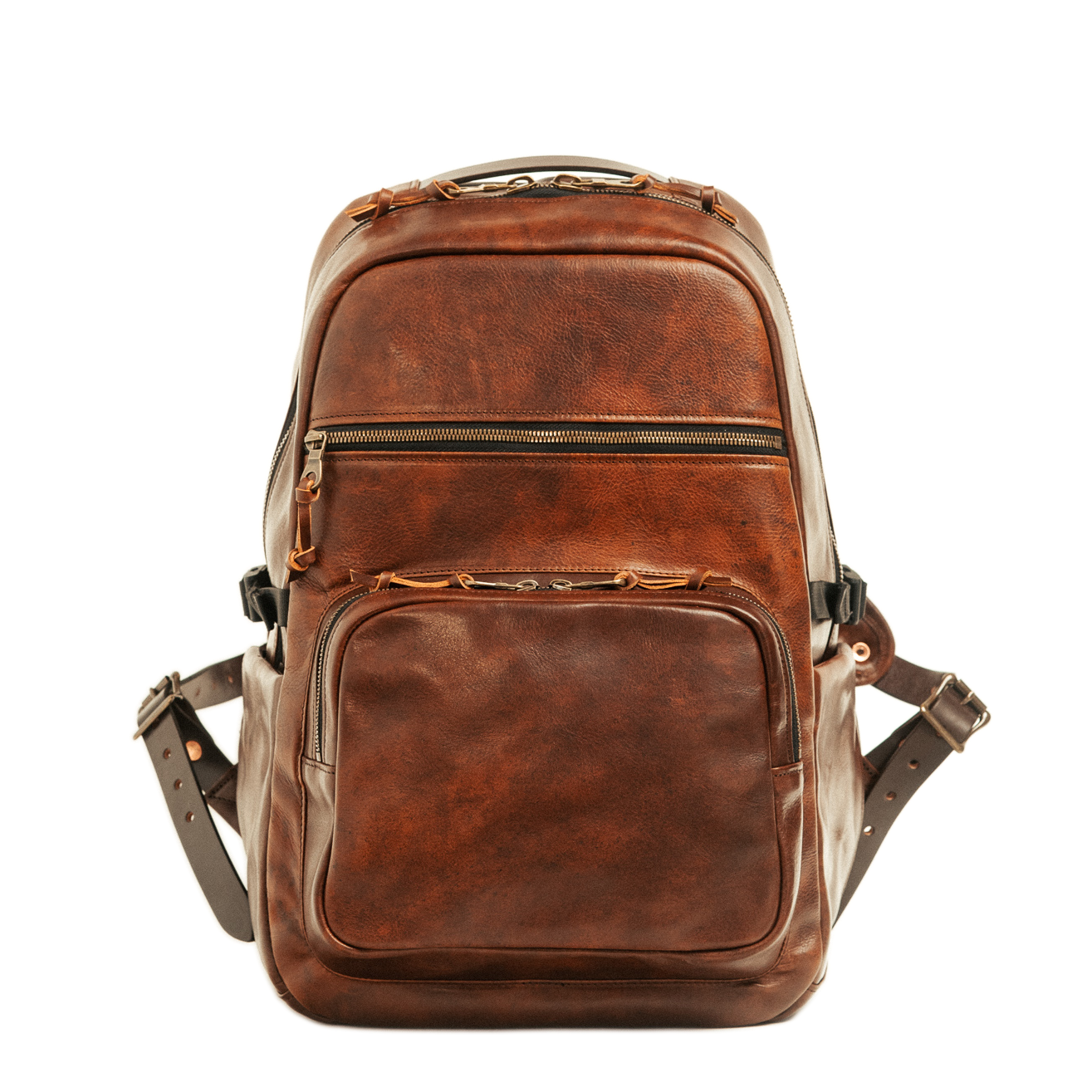 Brown leather backpack on a white background