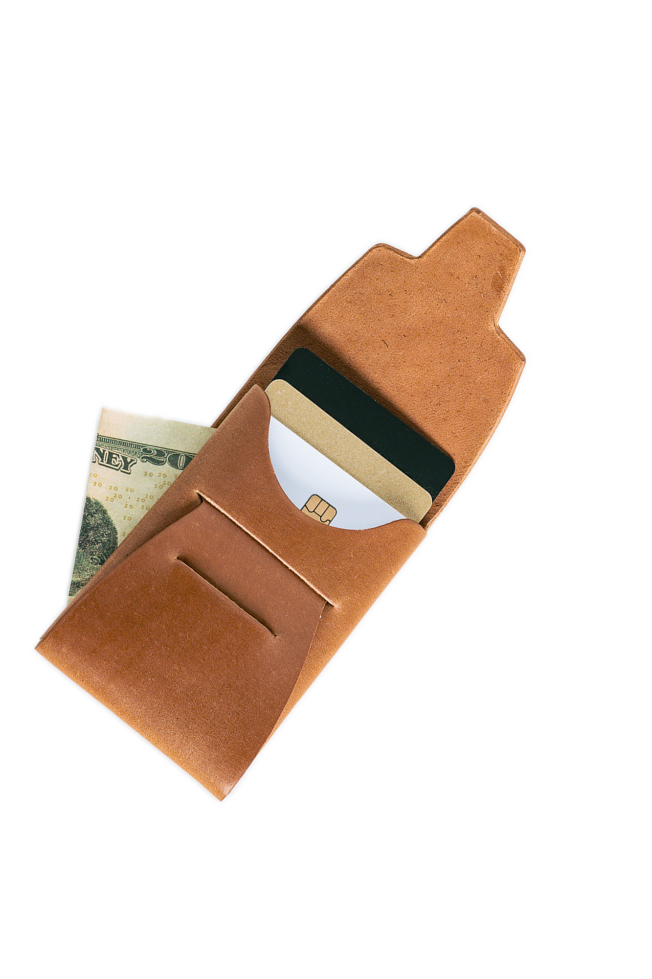 Brown leather wallet with money and cards on a white background