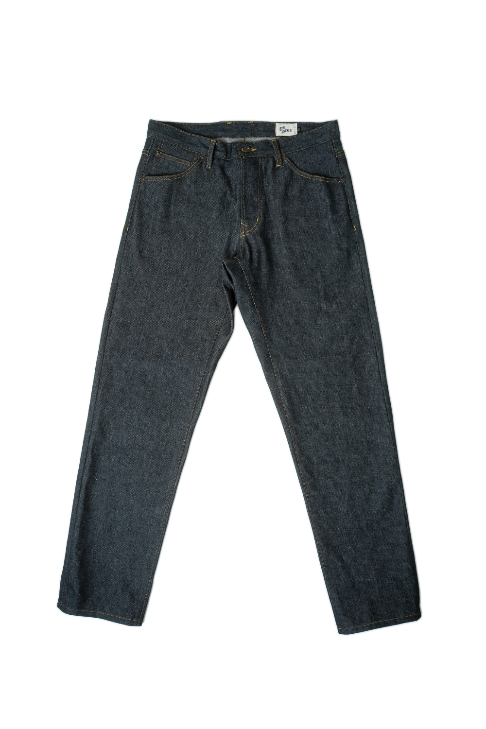 Pair of dark blue jeans on a white background